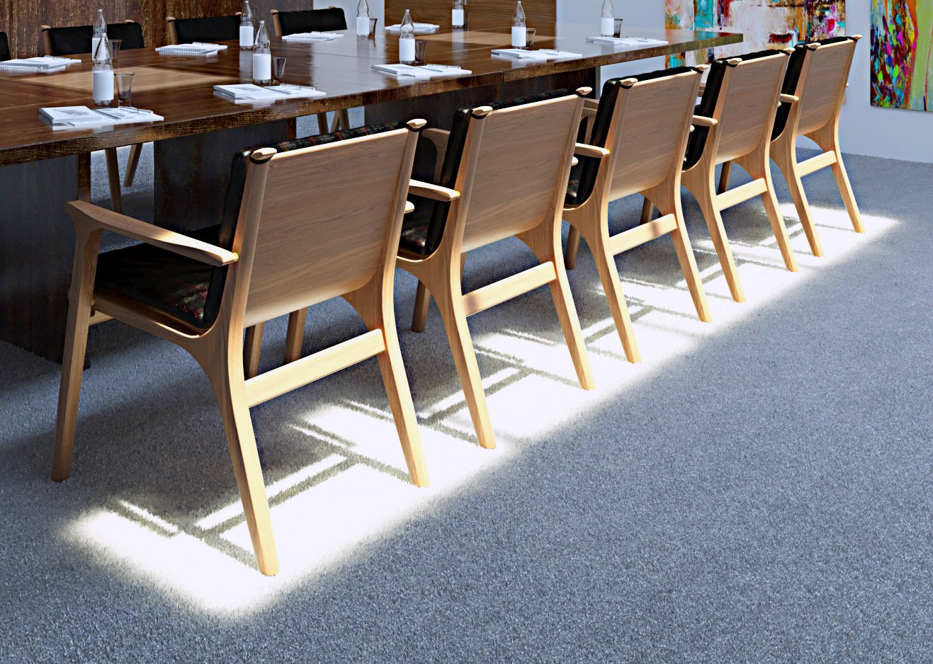 Innerscene Virtual Sun installation case study at Apple Campus in Cupertino California sun rays on dark wood desk and chairs