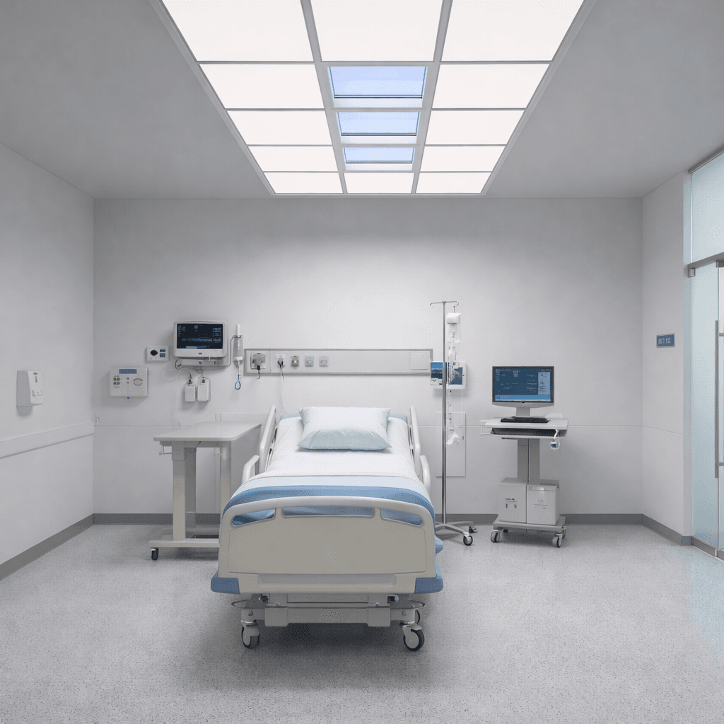 Circadian Clouds ceiling panels in a hospital patient room with sky simulation.