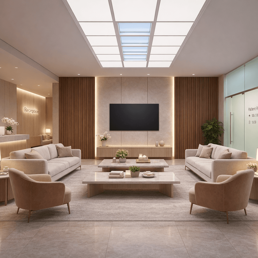 Circadian Clouds ceiling panels in an upscale reception lobby with a seating area.