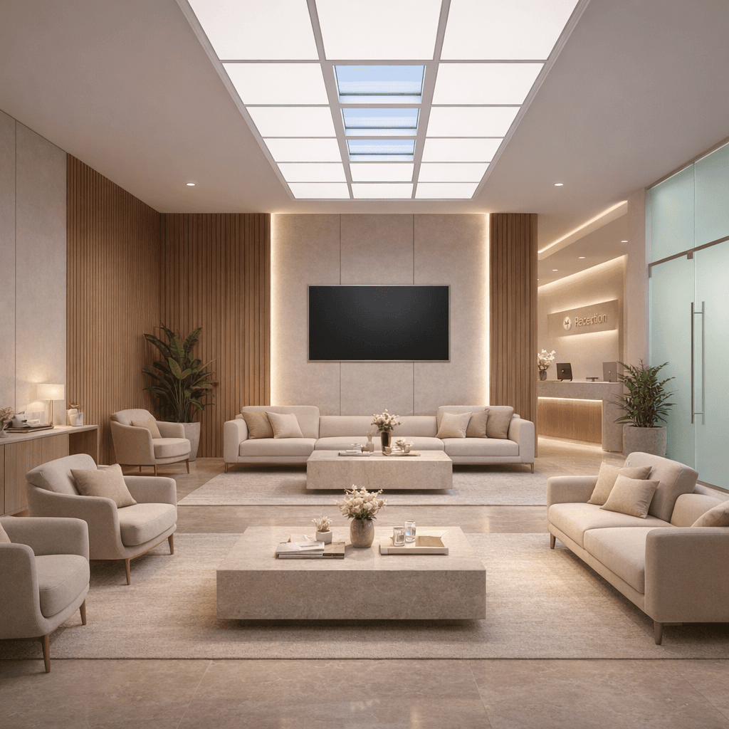 Circadian Clouds ceiling installation in a modern waiting area.