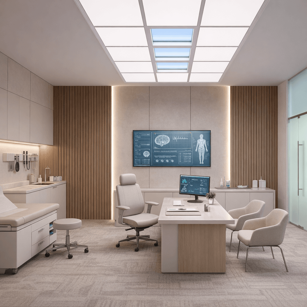 Circadian Clouds ceiling panels in a medical office with diagnostic displays.