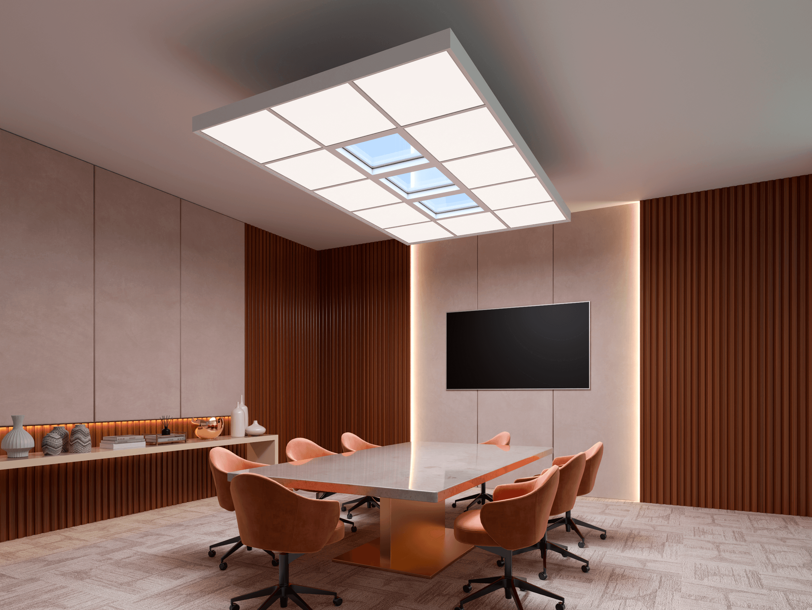 Circadian Clouds ceiling installation in a conference room, angled view.
