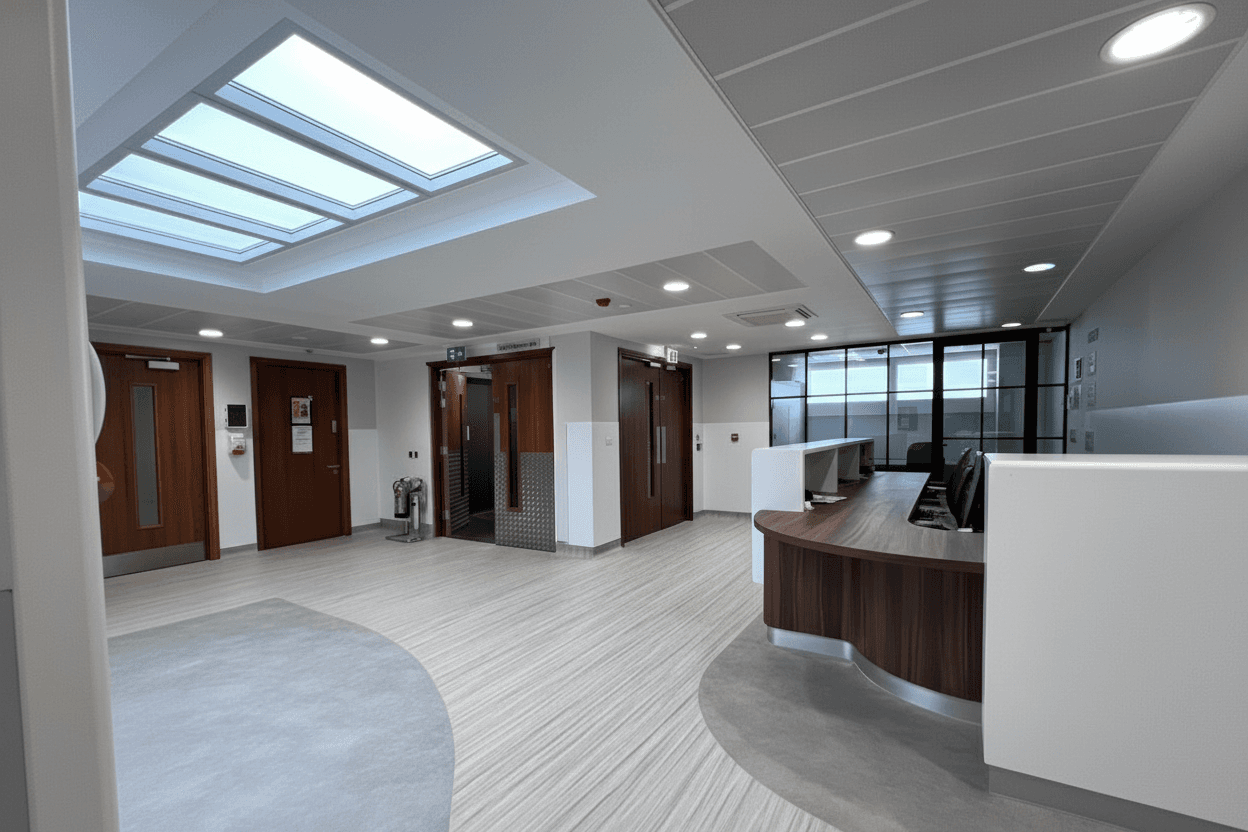 Hospital reception area with a Circadian Sky skylight creating a natural blue sky effect.