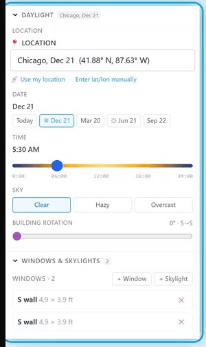 The daylight panel with location, solstice presets, and sun-time slider