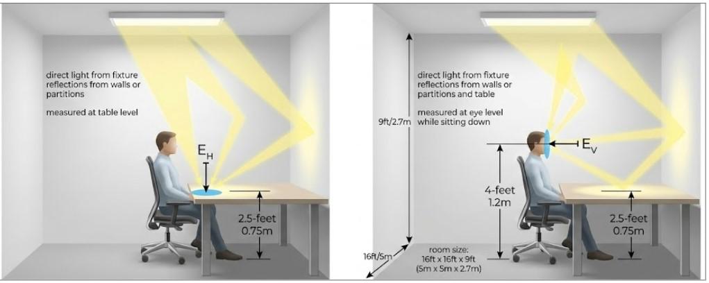 Horizontal illuminance (EH) measured at table level vs vertical illuminance (EV) measured at eye level while sitting