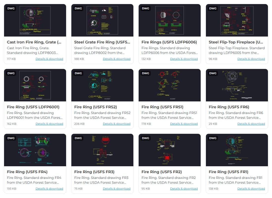 Search results for fire ring in the Drawing Library: a grid of DWG thumbnails of fire ring and fireplace details