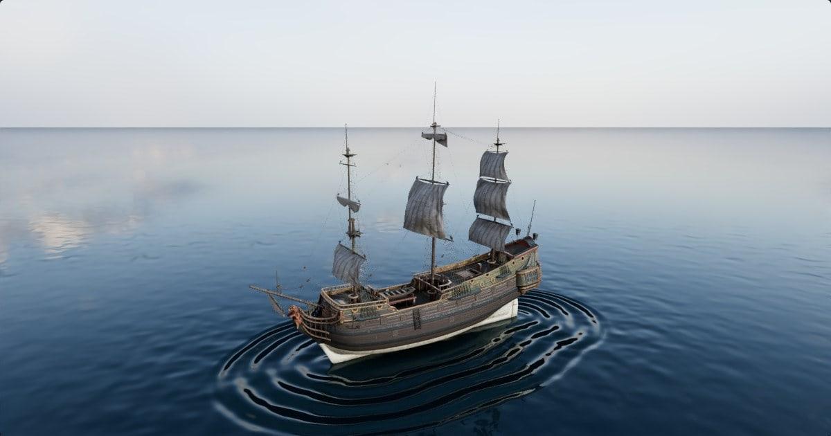 A sailing pinnace on calm water, rendered with the viewer's ray-traced style