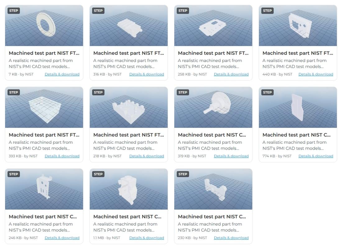 The 3D Parts Library filtered to the NIST machined test parts, eleven STEP models