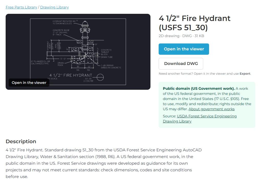The page for a Forest Service fire hydrant detail: preview, open and download buttons, and the license box