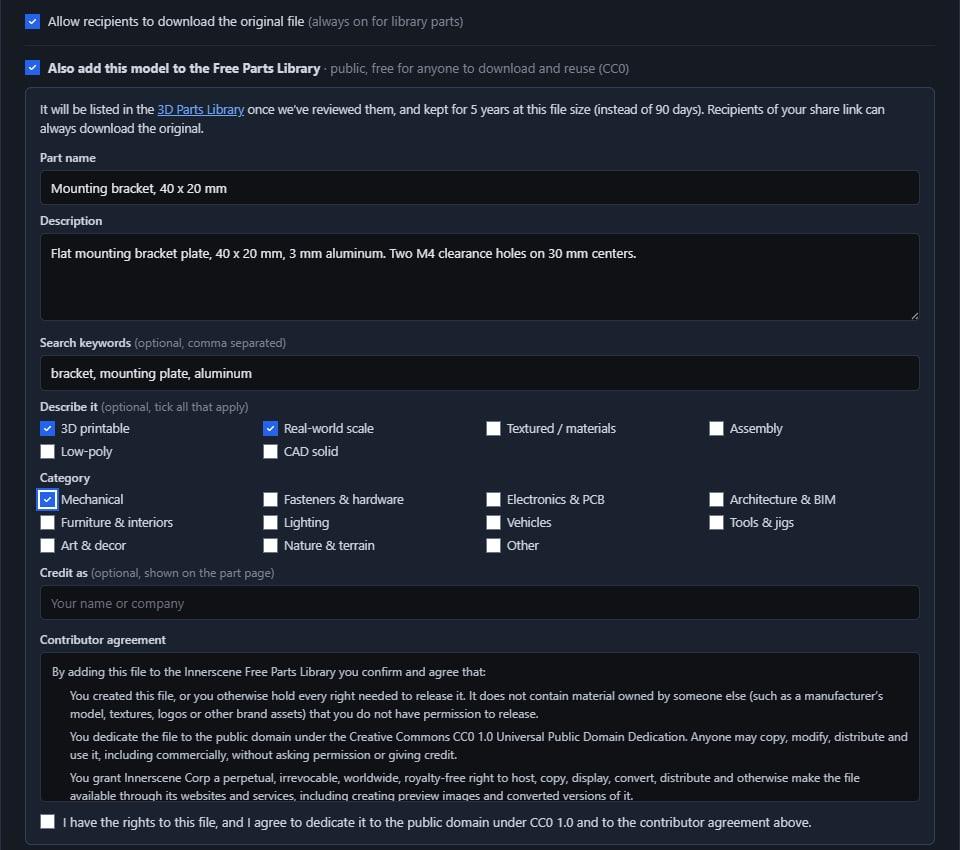 The share dialog with the Free Parts Library option ticked: name, description, keywords, tags and the contributor agreement