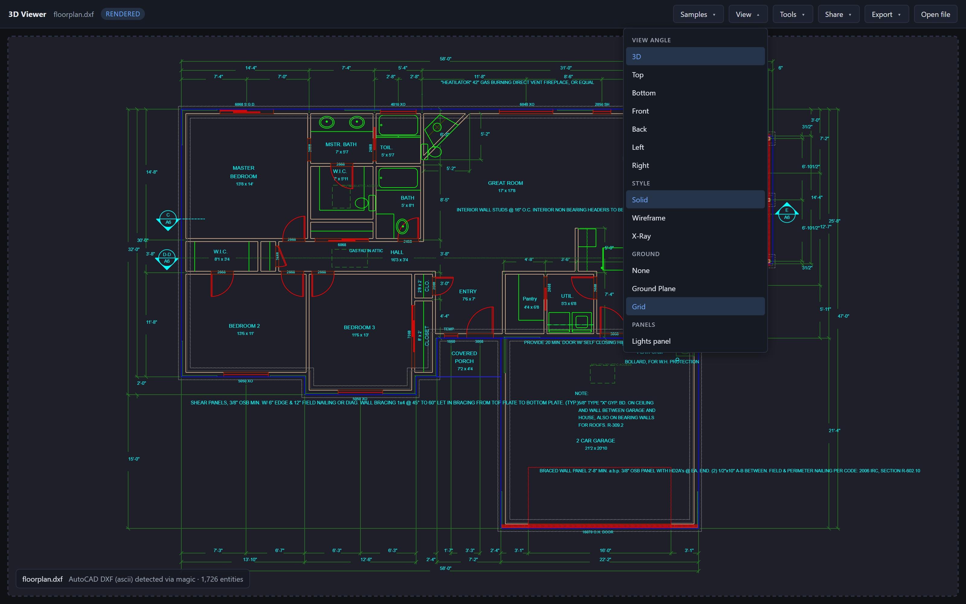 The Universal 3D Viewer rendering an AutoCAD DXF residential floor plan with annotated walls, dimensions, and rooms. The View menu is open showing view-angle presets, render style options, ground modes, and the lighting panel toggle.