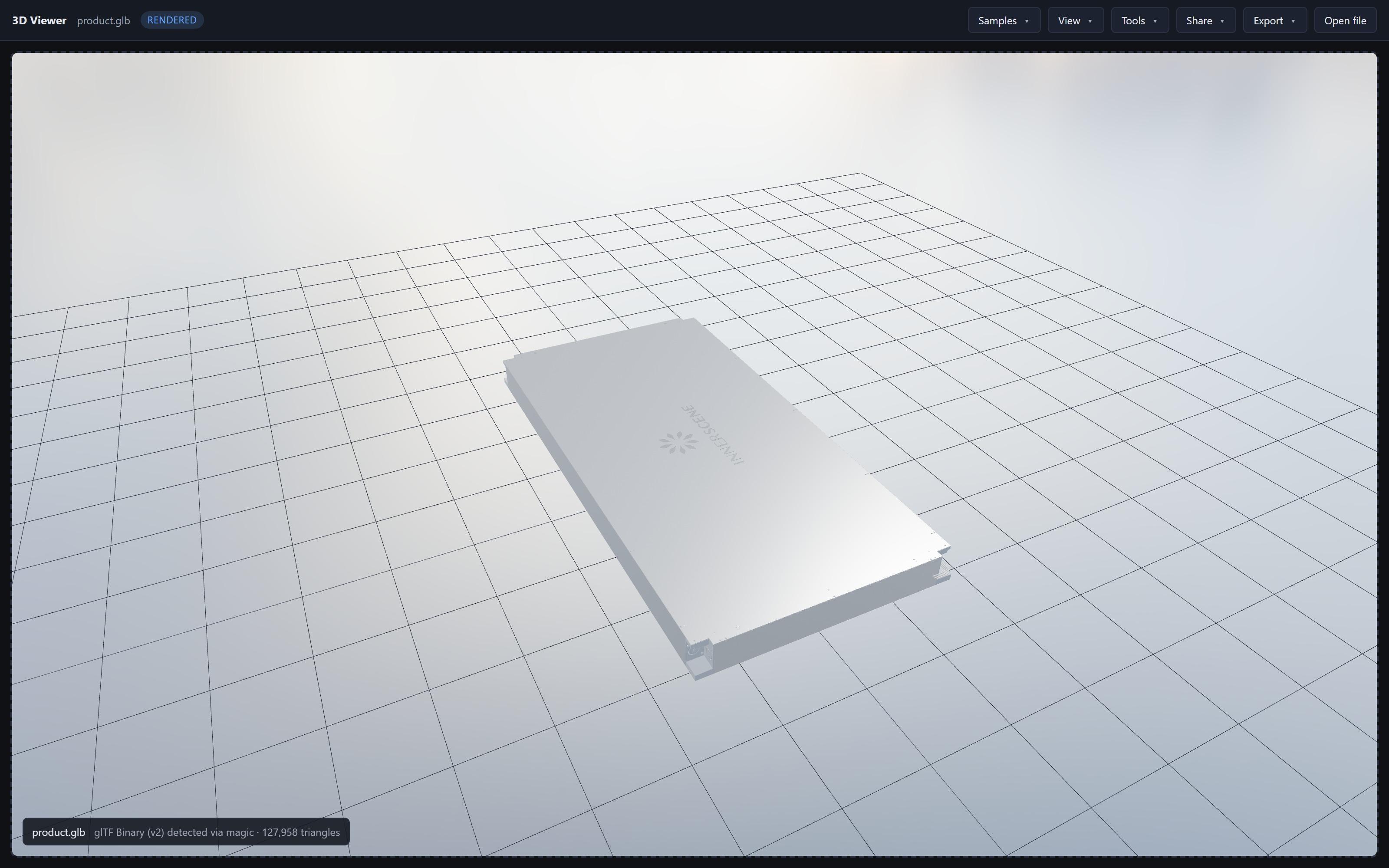 The Universal 3D Viewer rendering a Circadian Sky luminaire as a glTF binary (.glb) file, viewed from the lens side with the Innerscene logo visible on the panel face.