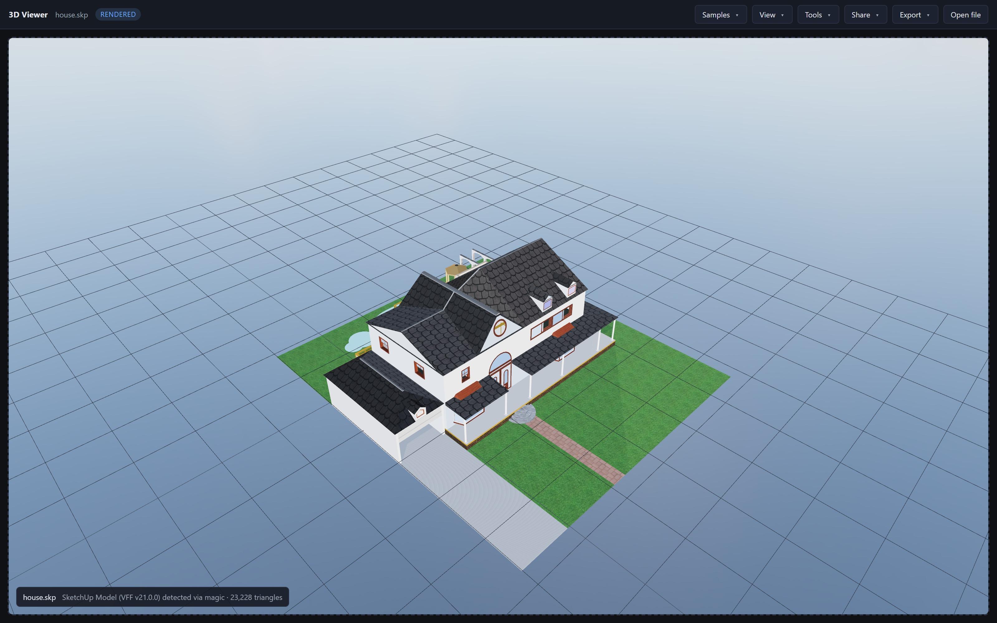 The Universal 3D Viewer rendering a SketchUp house model: a modern two-story residence with white siding, dark roof, green lawn, and a paved walkway. The dark viewer toolbar is visible at the top.