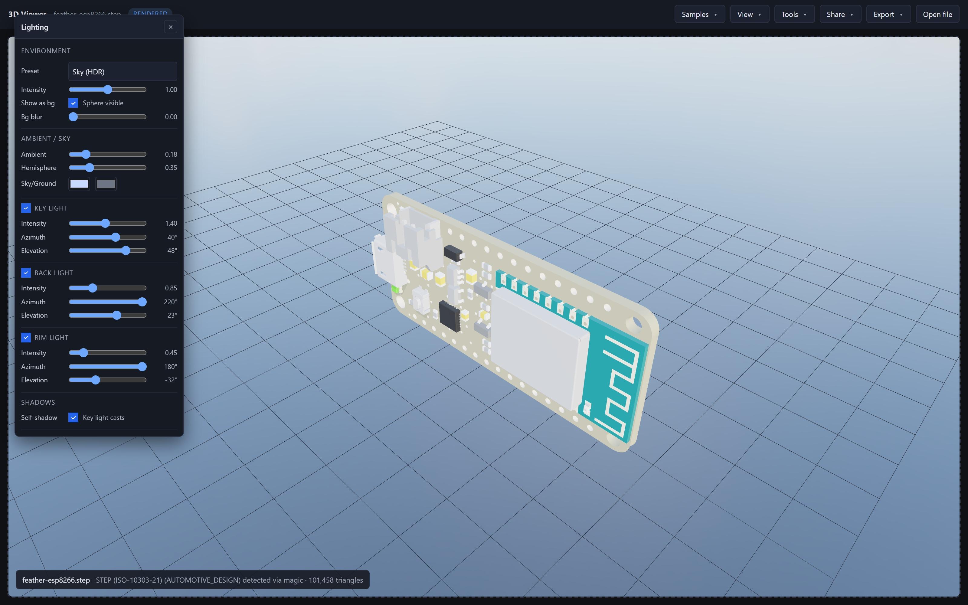 The Universal 3D Viewer rendering a STEP CAD model (Adafruit Feather ESP8266 PCB and components) with the lighting panel open, showing environment preset, key/back/rim directional lights, and shadow controls.