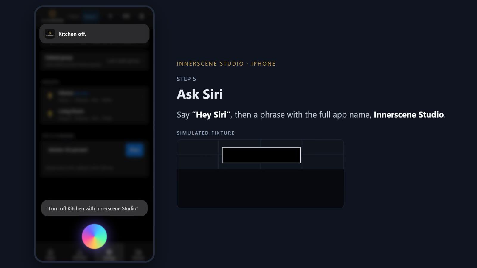 Siri answering Kitchen off after the command Turn off Kitchen with Innerscene Studio, next to a simulated fixture
