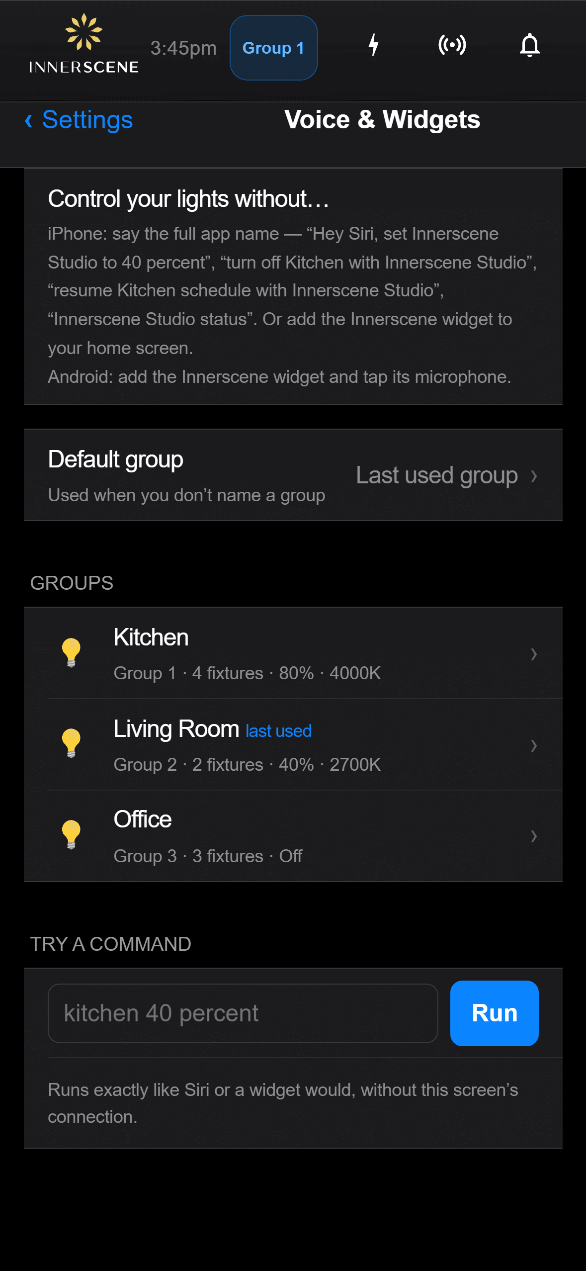 Innerscene Studio Voice and Widgets screen listing the Kitchen, Living Room and Office groups with a Try a command box