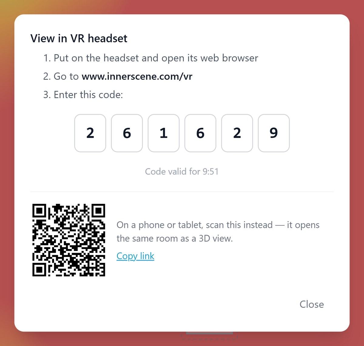 The pairing dialog showing a six-digit code, a countdown and a QR code