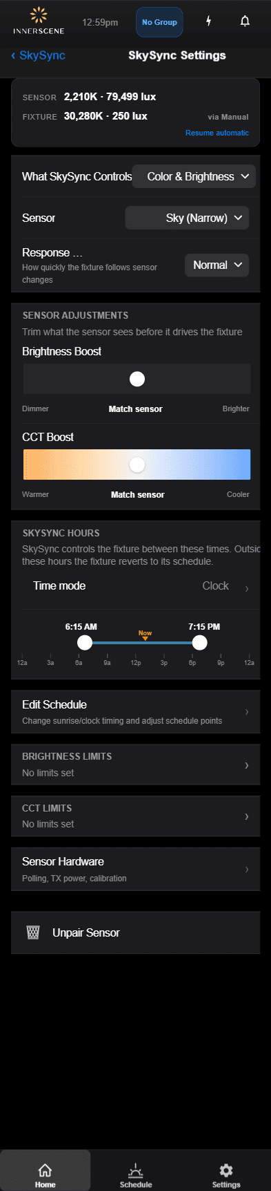Settings screen in the Innerscene app