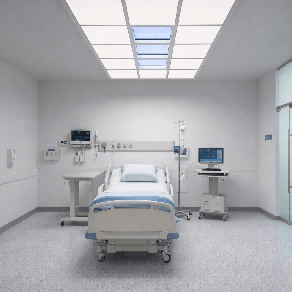 Circadian Sky Clouds ceiling panels in hospital patient room with sky simulation