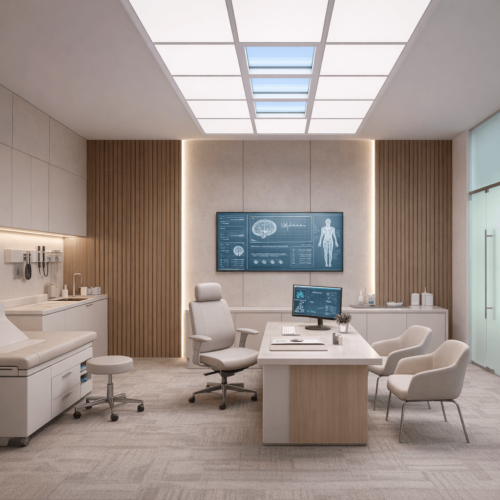 Circadian Sky Clouds ceiling panels in medical office with diagnostic displays