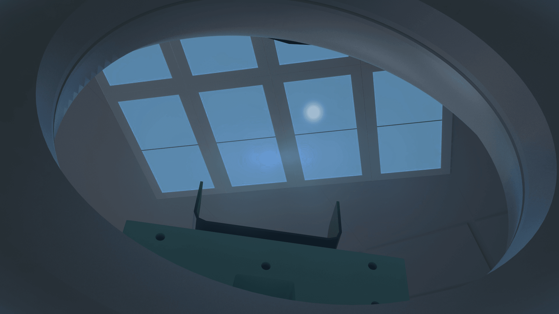 Innerscene Virtual Sun Model A7 aligned with CT scan bed, dimmed blue sky