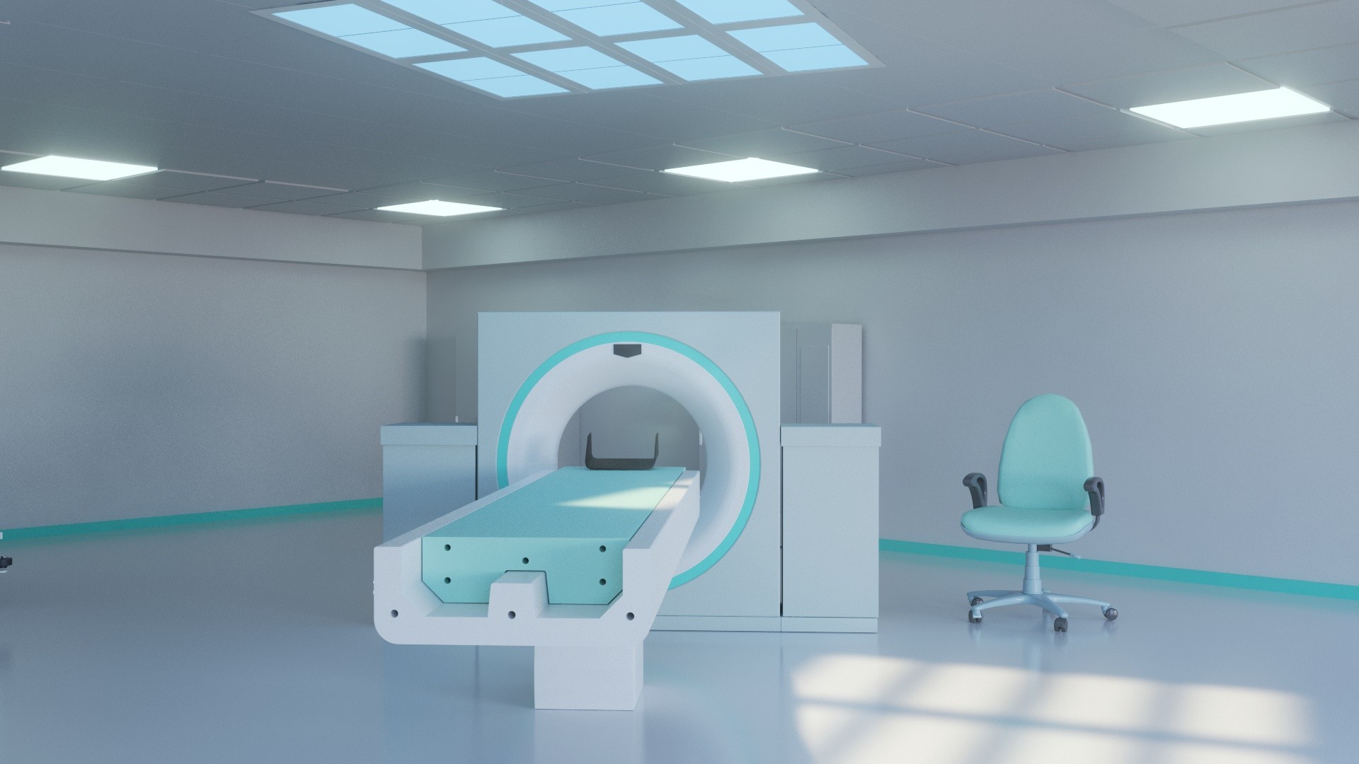 Innerscene Virtual Sun Model A7 sunbeams landing on the floor next to CT Scan bed