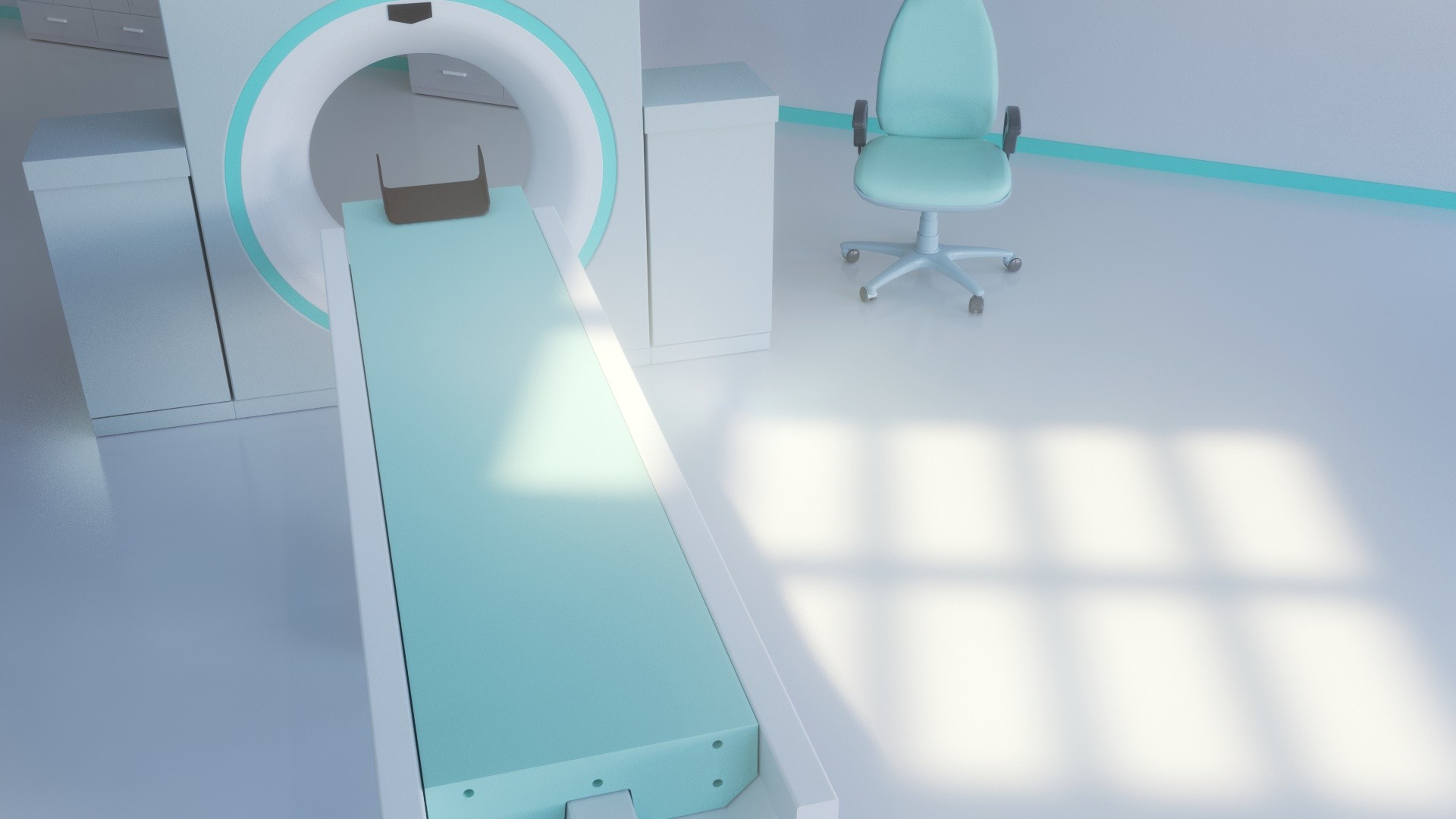 Innerscene Virtual Sun Model A7 close-up of sunbeams landing on the floor next to CT Scan bed