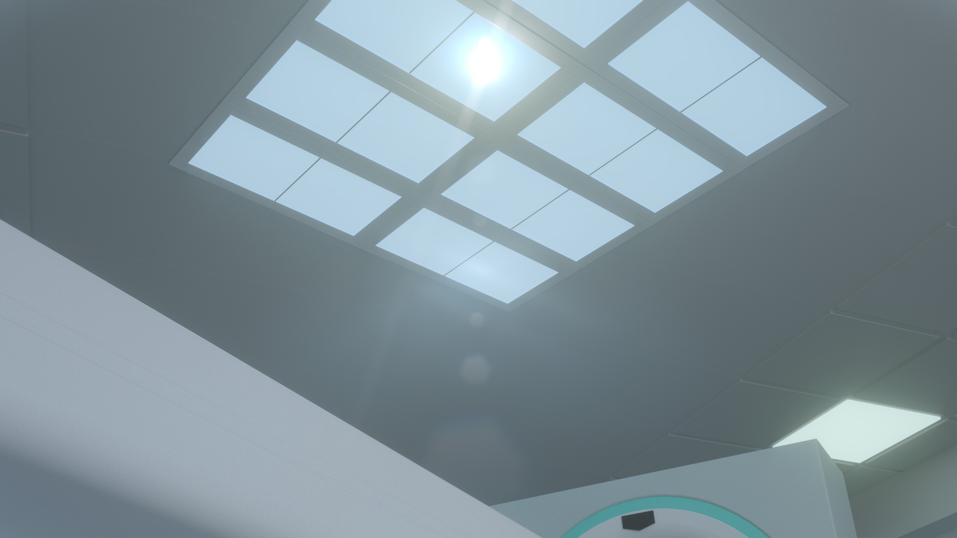 Innerscene Virtual Sun Model A7 CT scan aligned with ceiling from the perspective of the bed