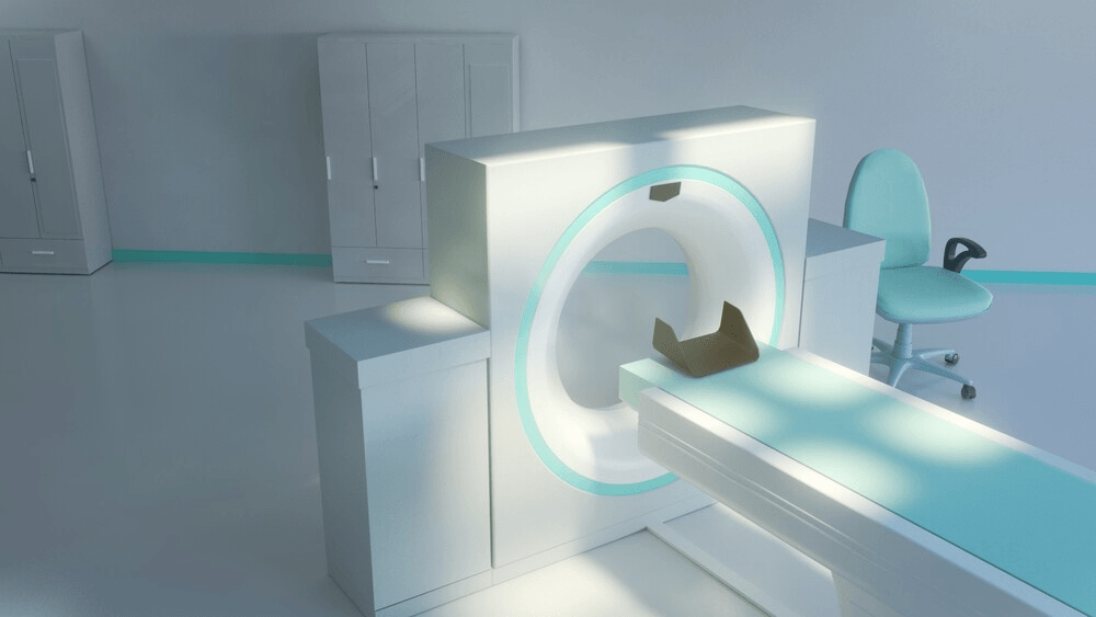 Innerscene Virtual Sun Model A7 sunbeams landing on CT Scan bed close-up from left side