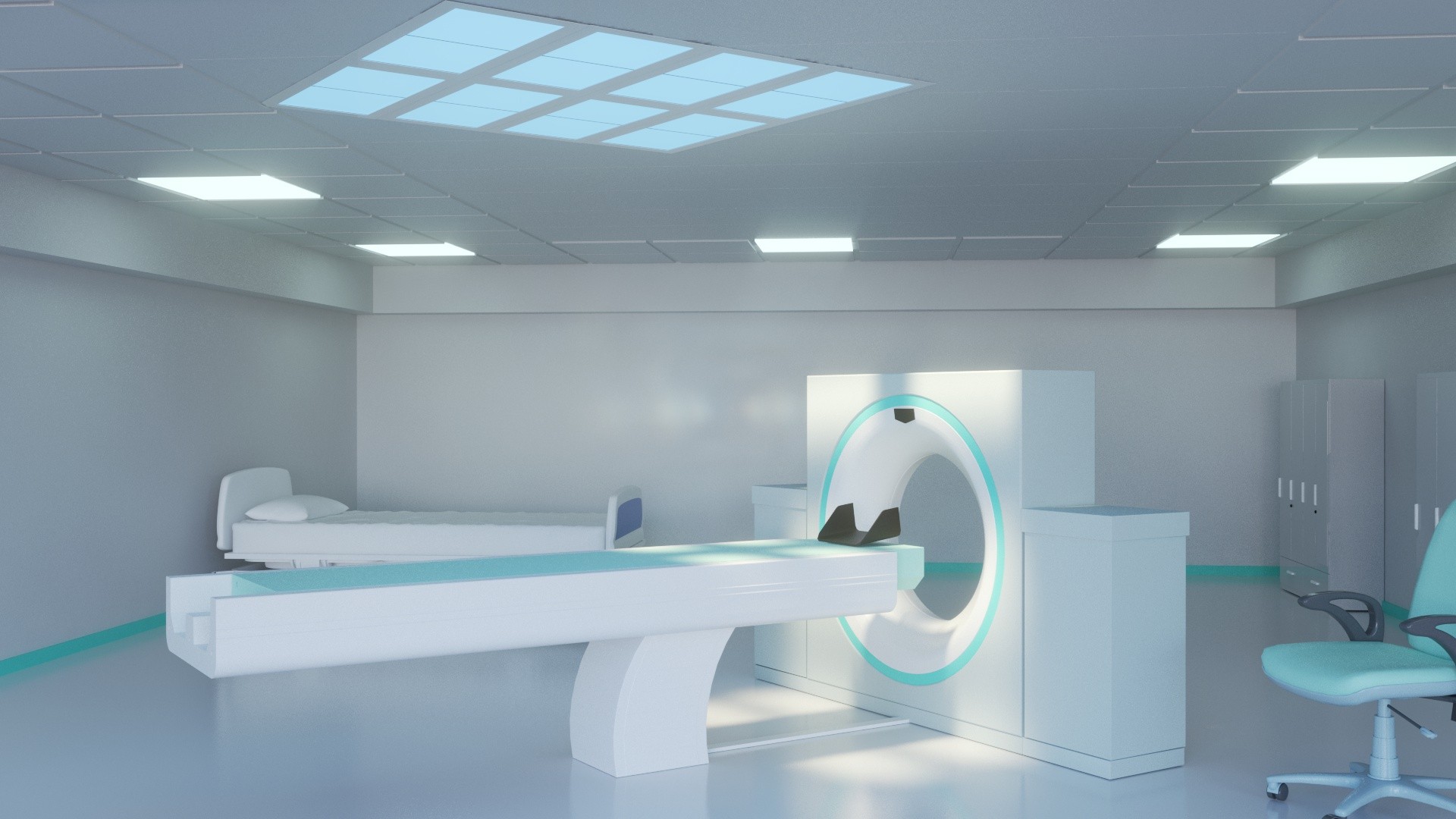 Innerscene Virtual Sun Model A7 sunbeams landing on CT Scan bed