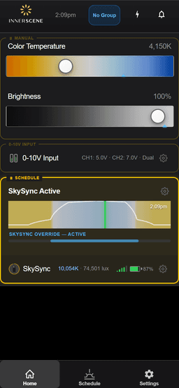 Circadian Window mobile controller — home screen