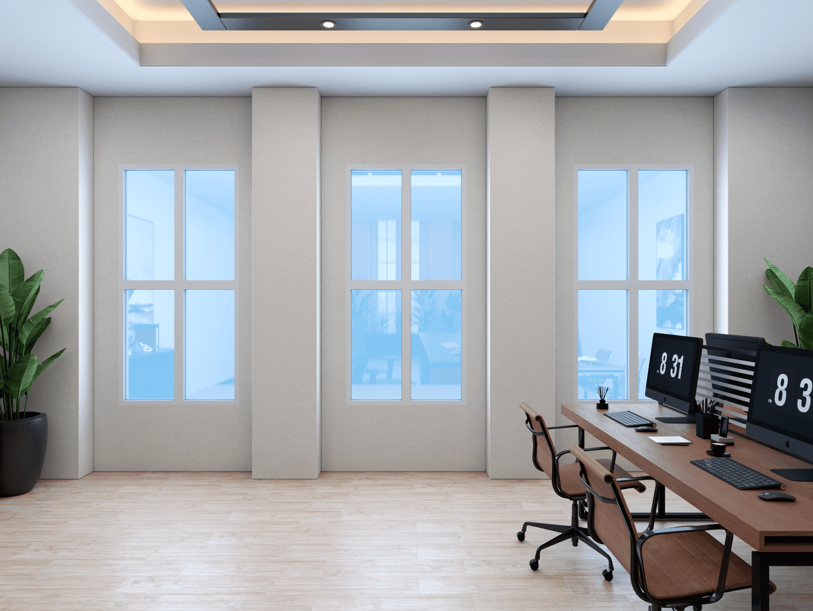 Three Circadian Sky panels wall-mounted as windows in a modern office, showing a blue sky view.