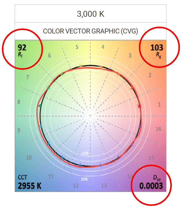 TM-30 Color Vector Graphic for Circadian Sky at 3000K showing Rf, Rg, and Duv