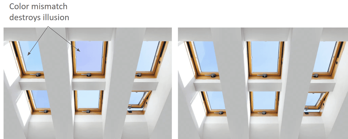 Visual demonstration of color mismatch between fixtures at different MacAdam Ellipse steps