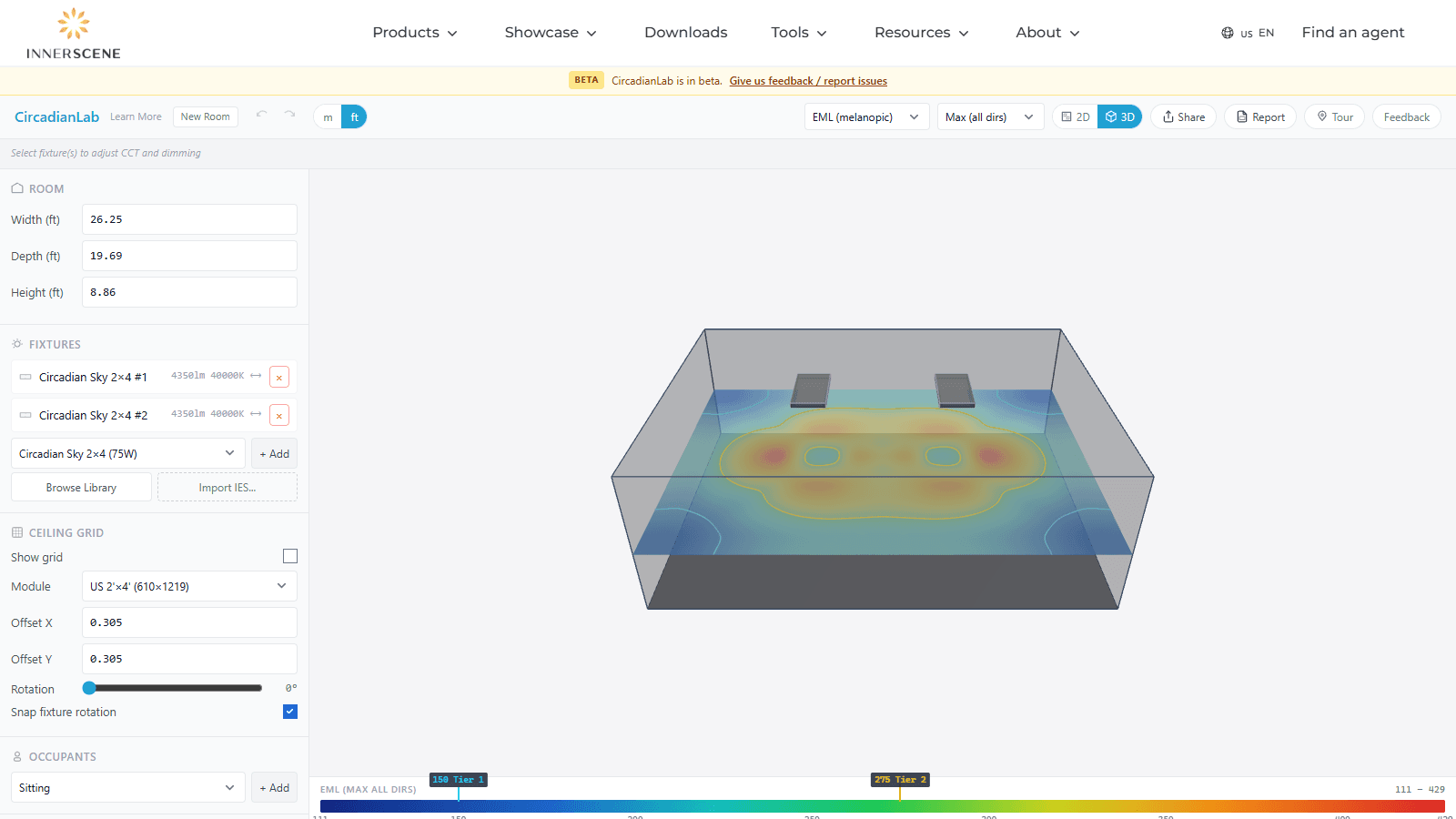 CircadianLab 3D-Raumansicht mit auf die Bodenflächen projizierter Heatmap, deckenmontierten Leuchten und Wandreflexionen