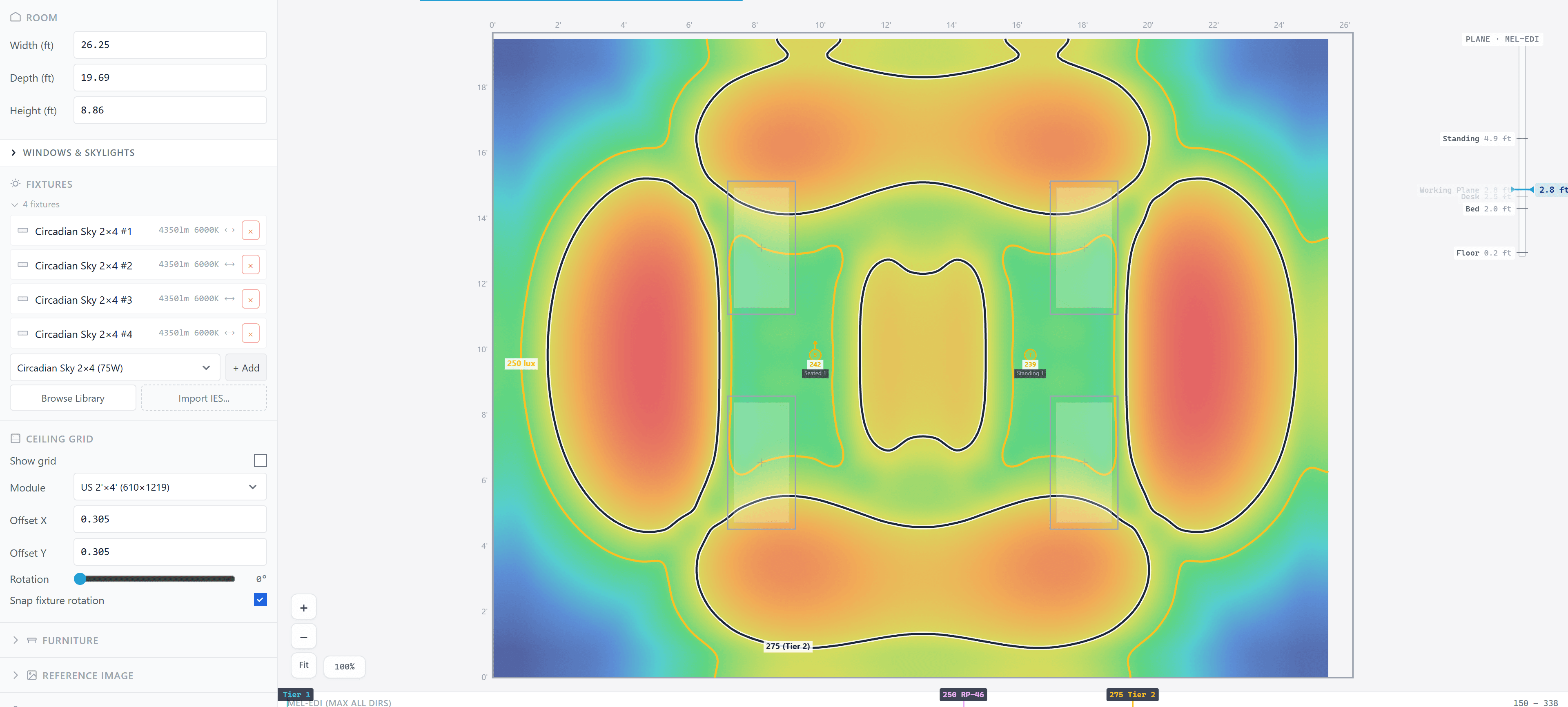 CircadianLab in mel-EDI mode: blue-to-red heatmap with WELL Tier 1 and Tier 2 contour lines overlaid on a 4-fixture office room