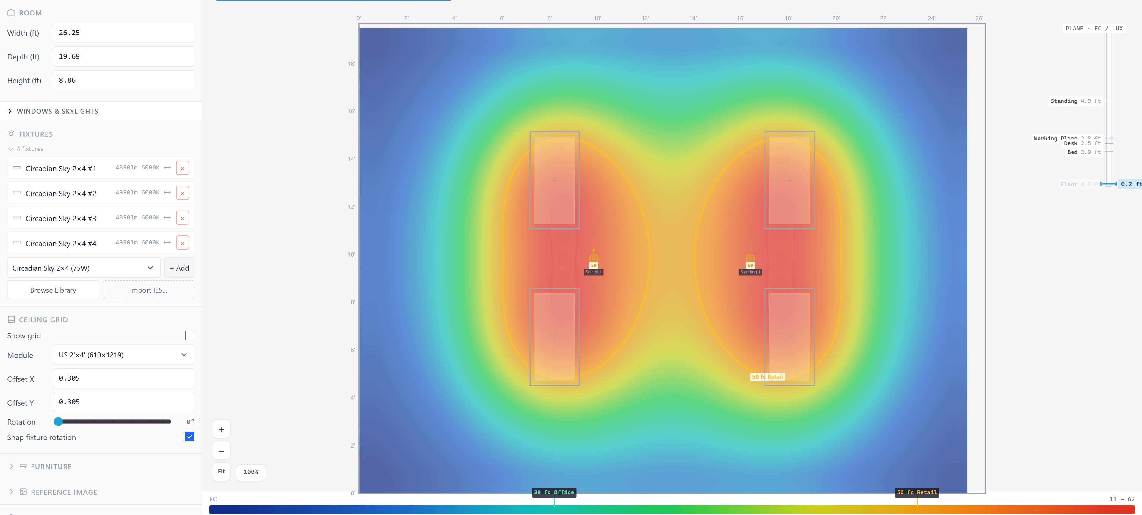 CircadianLab in foot-candles mode showing photopic illuminance distribution across the same room