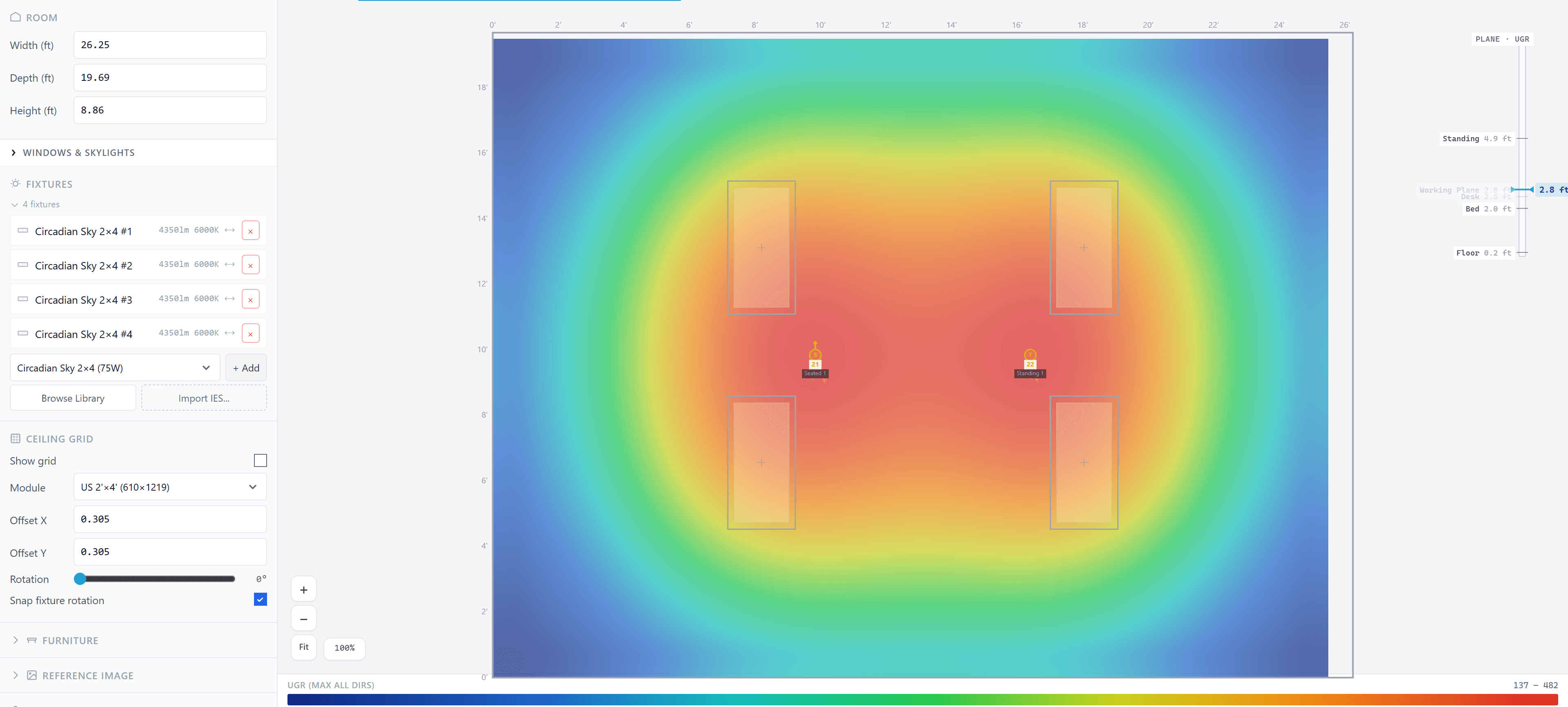 CircadianLab in UGR mode showing red high-glare zones directly under fixtures and green comfortable zones between them