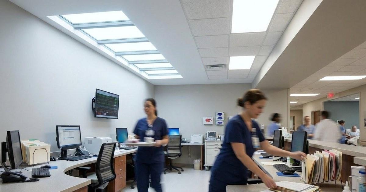 Nursing station with a lay-in Circadian Sky array recessed in a drywall soffit