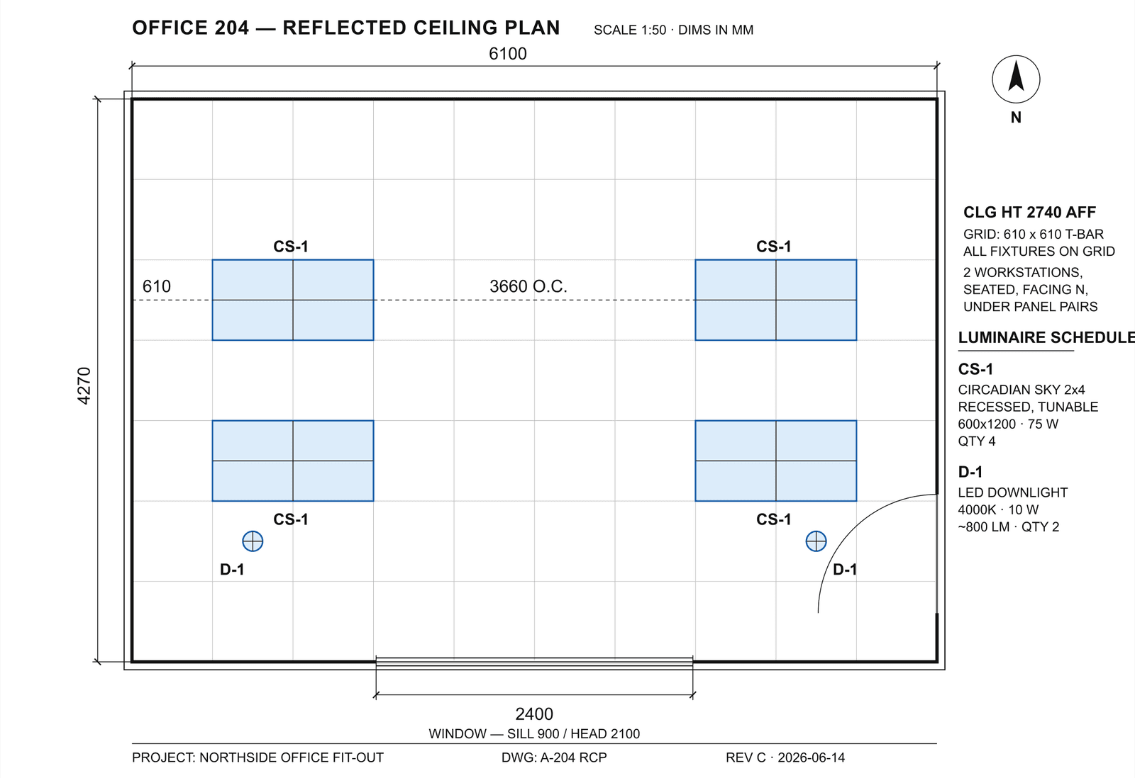 A reflected ceiling plan drawing with a luminaire schedule