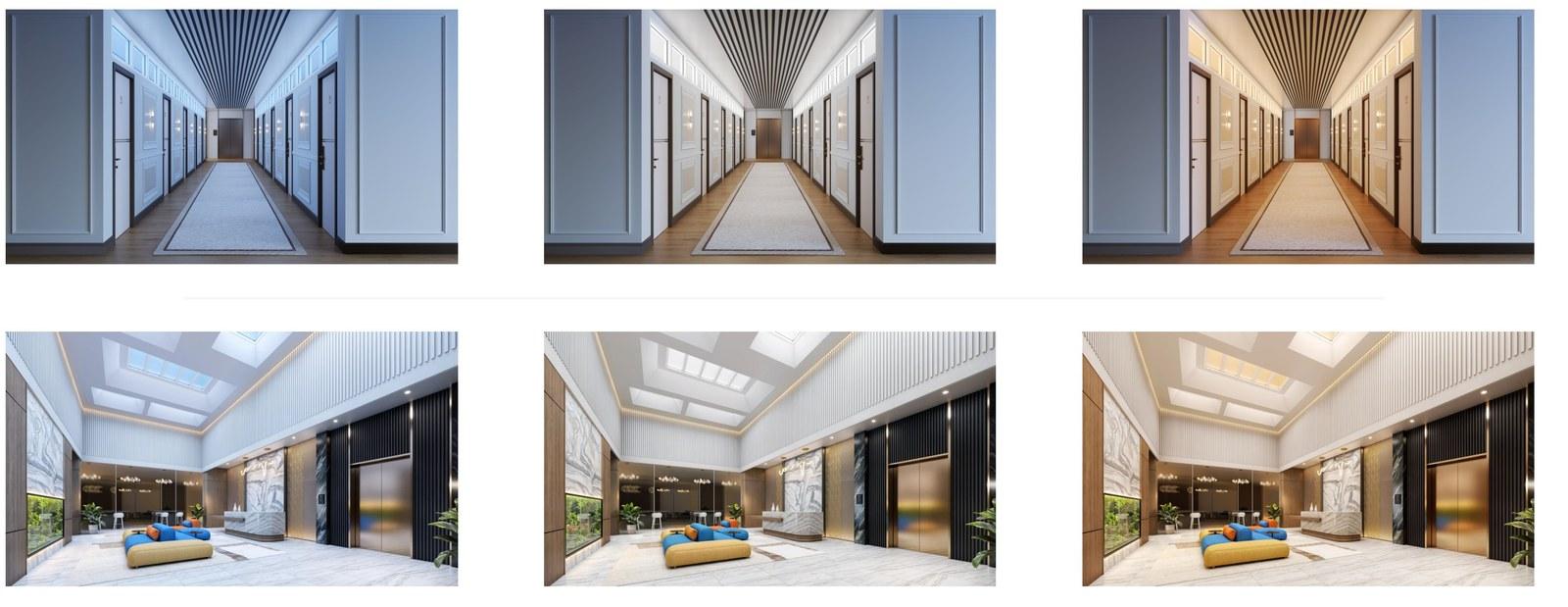 The same hallway and lobby rendered at cool midday, neutral afternoon, and warm evening color temperatures