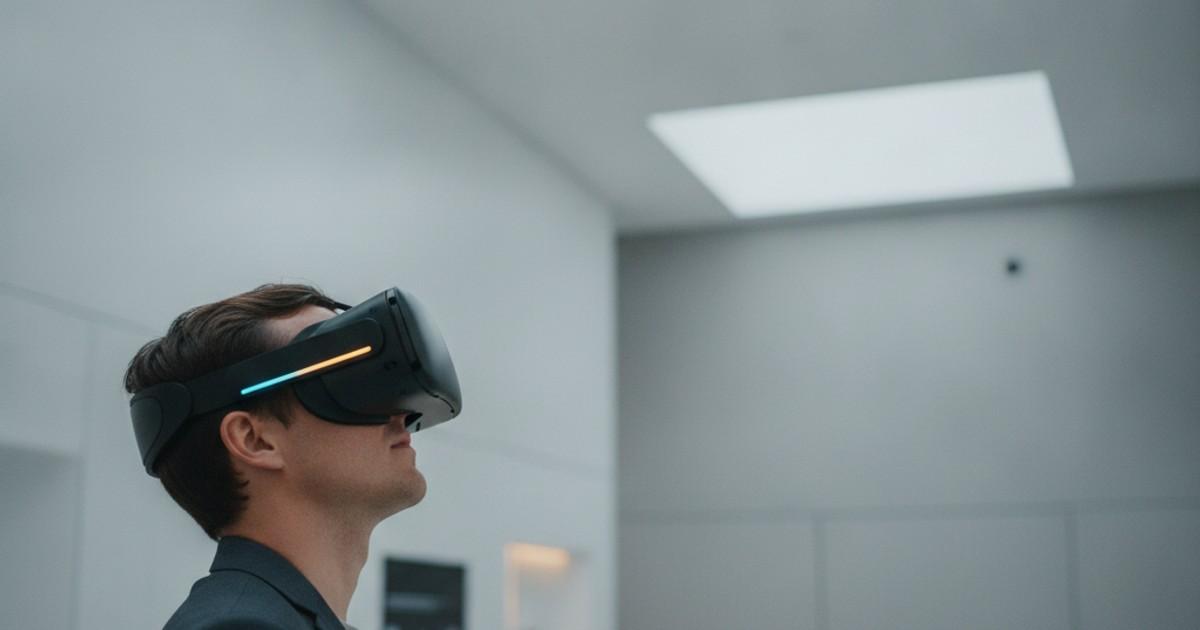 A person wearing a standalone VR headset, looking up at a lit ceiling panel