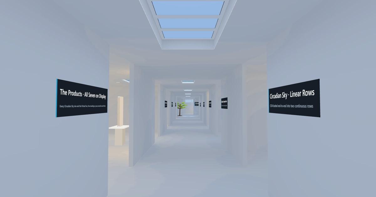 The corridor of the Innerscene VR Experience Center, with a continuous Virtual Sun skylight overhead