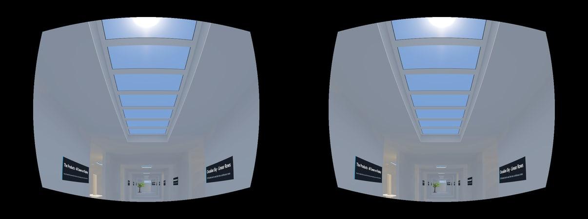 Left and right eye views of the Experience Center corridor, lens pre-warped, side by side as a stereo pair