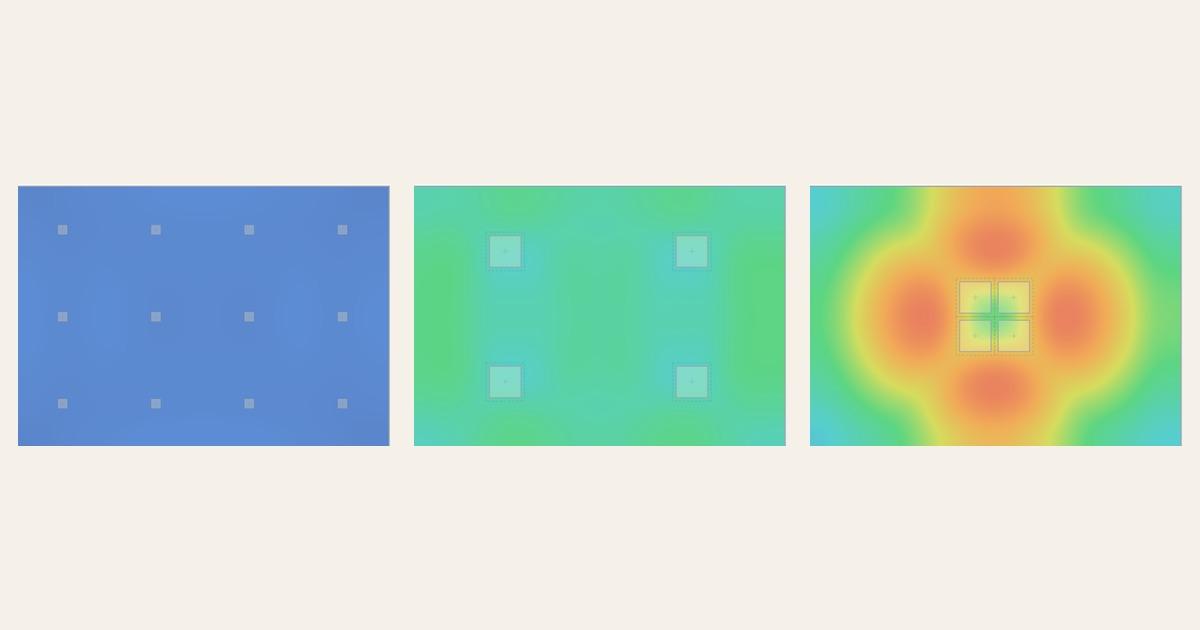 Ceiling layouts for one room, compared by light level, melanopic dose, and glare