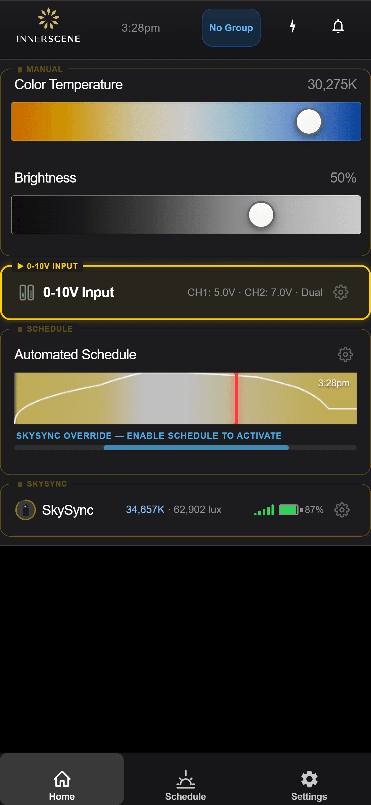 Innerscene Studio iOS app home screen showing CCT slider, brightness slider, 0-10V input, schedule preview, and SkySync status
