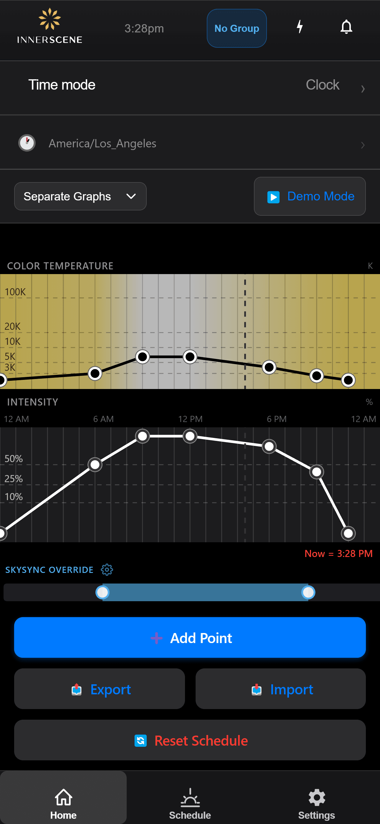 Innerscene Studio schedule editor with separate color temperature and intensity graphs across the day