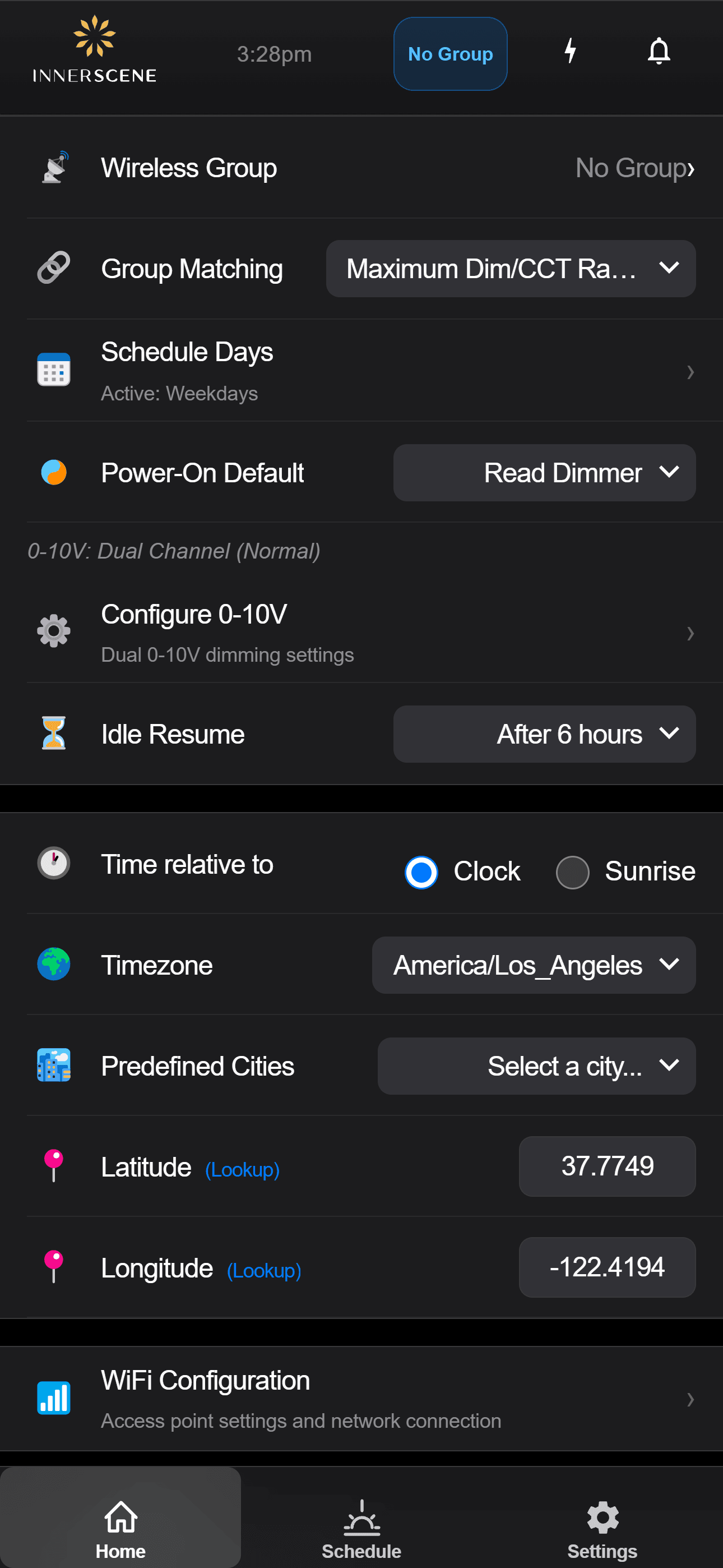 Innerscene Studio settings screen showing schedule days, power-on default, idle resume, daughterboard config, and timezone
