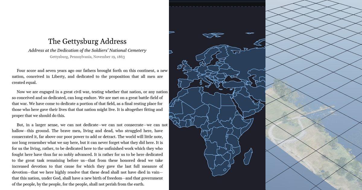 A Word document, an Esri shapefile world map, and a LiDAR point cloud open in the Universal Viewer