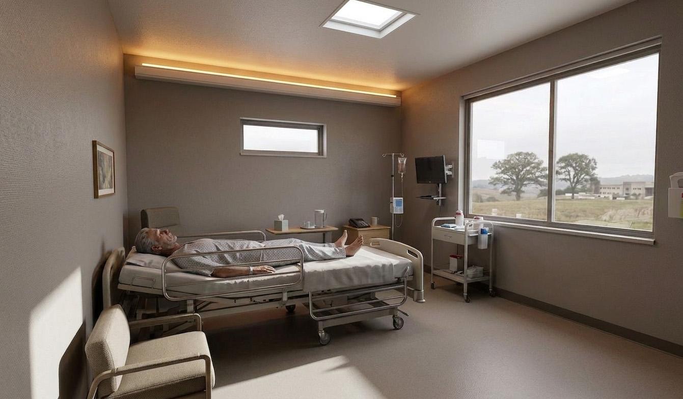 Hospital patient room with a patient lying in bed, lit by an indirect cove over the headwall, a ceiling skylight, and a large window